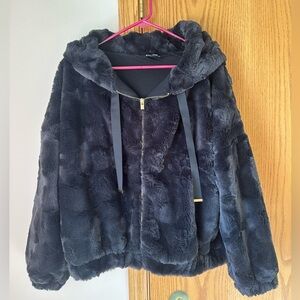 Women’s Black Faux Fir Zip-Up Jacket with gold detail and hood